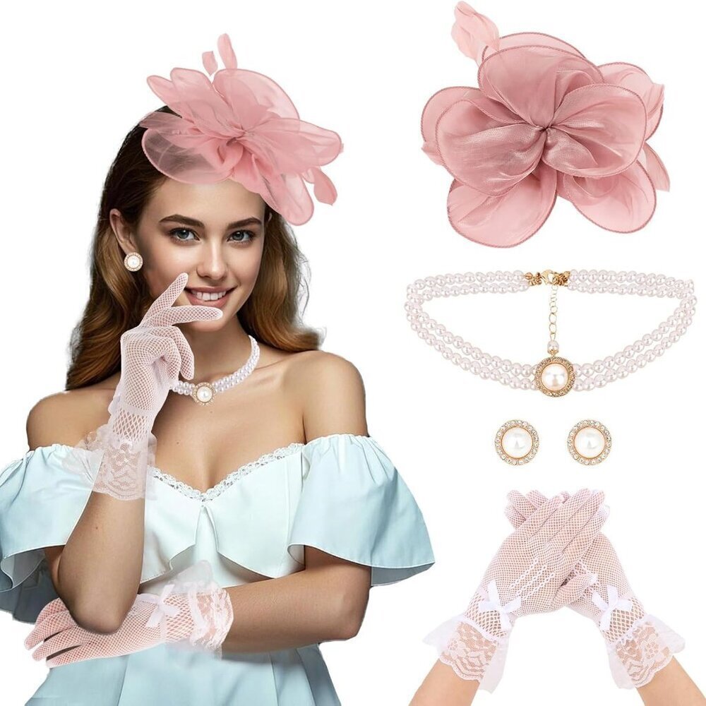 4PCS Womens Vintage Tea Party Hat Set Feather Lace Gloves Pearl Jewelry